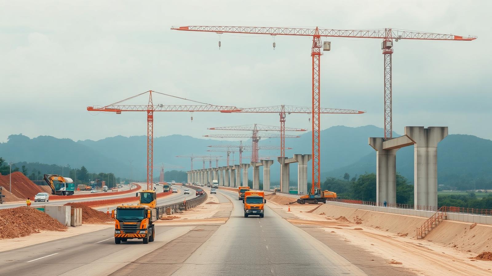 Obra rodoviária com guindastes e pilares de viaduto