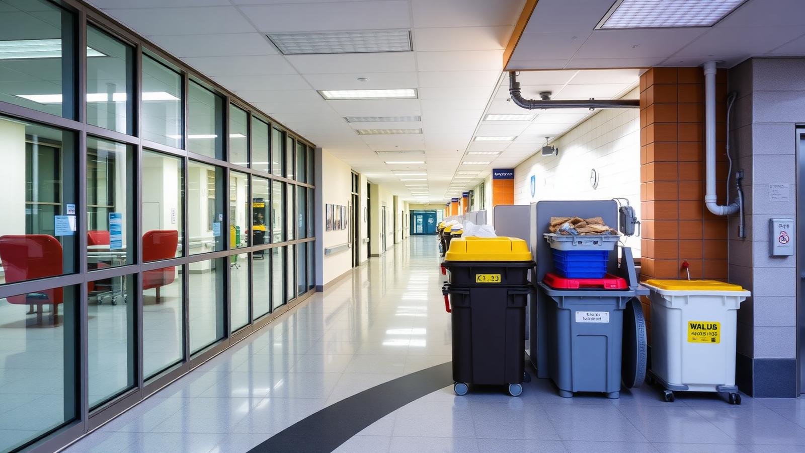 Corredor hospitalar com abrigo de resíduos de serviços de saúde e recipientes identificados por cor