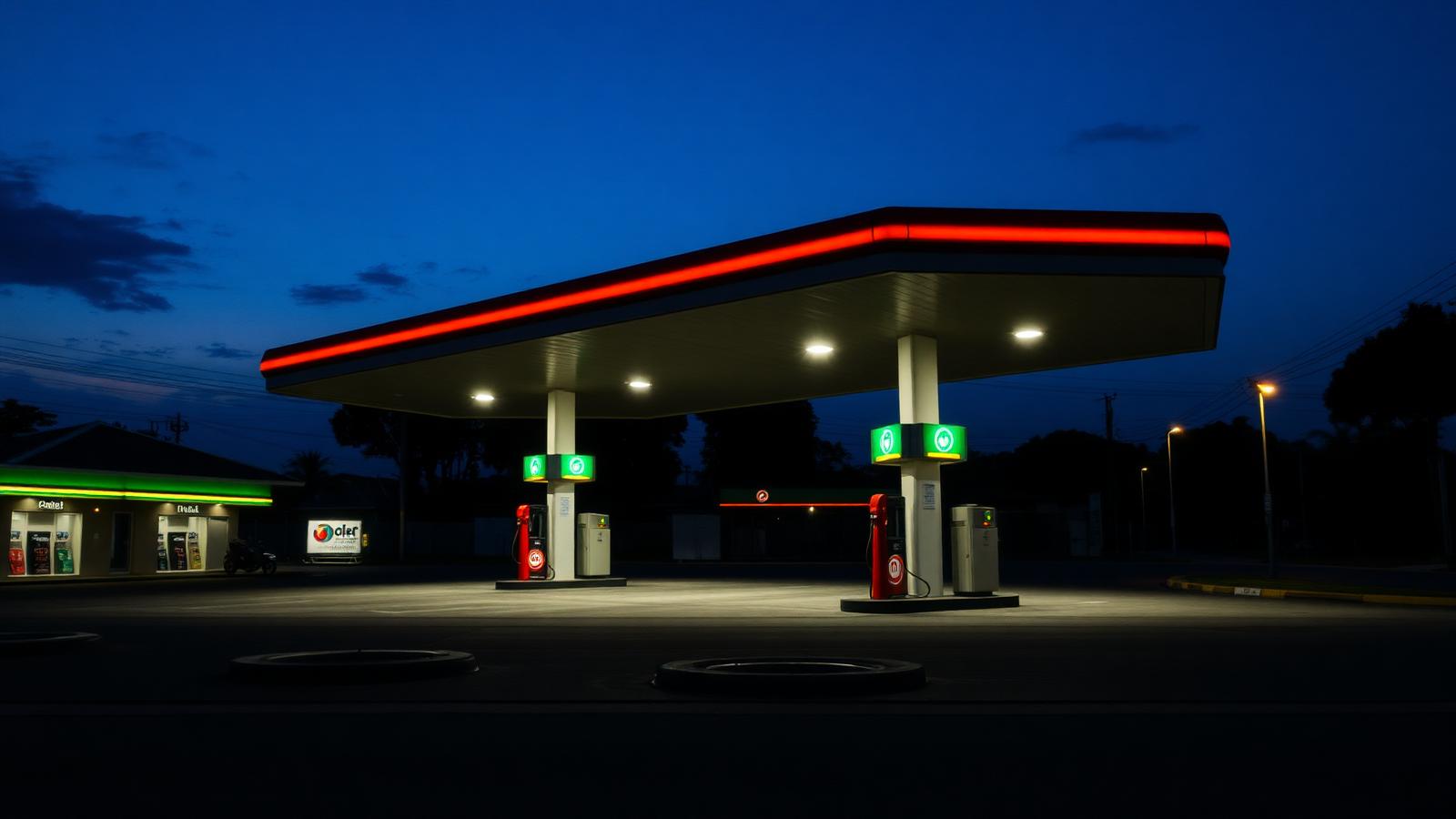Posto de combustíveis com pista iluminada e poços de monitoramento no piso